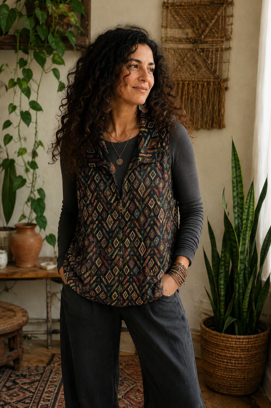 Christopher & Banks Black Multicolor Embroidered Aztec Vest Size M